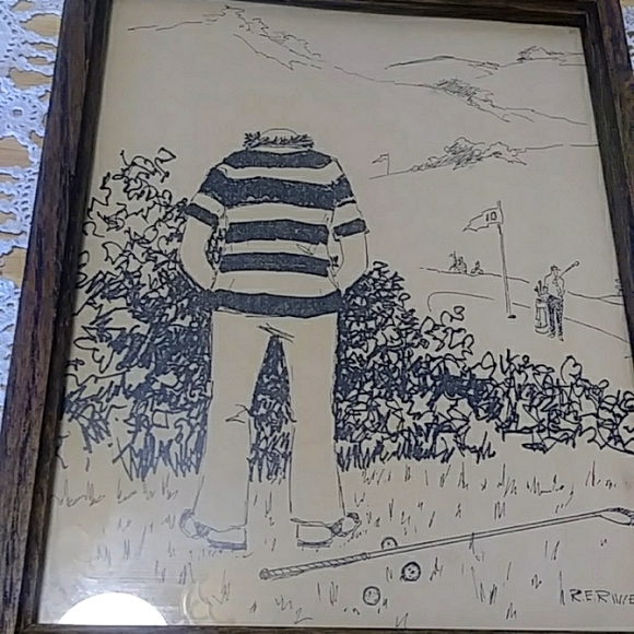 Probably vintage golf drawing in plexiglass and Wood Frame - Picture 3 of 5